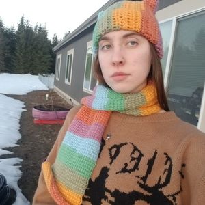 Tunisian Crochet Rainbow Scarf and Cat Beanie Set